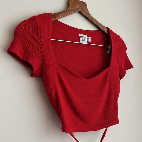 Princess Polly Red Ribbed Tie Back Cropped Shirt - Picture 4 of 9